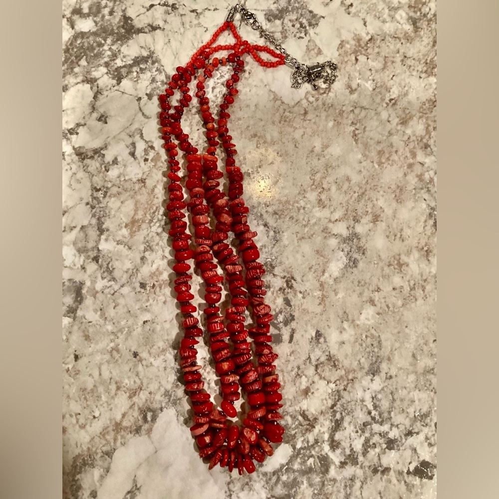 2 Strand Chunky Red Coral Beaded Necklace